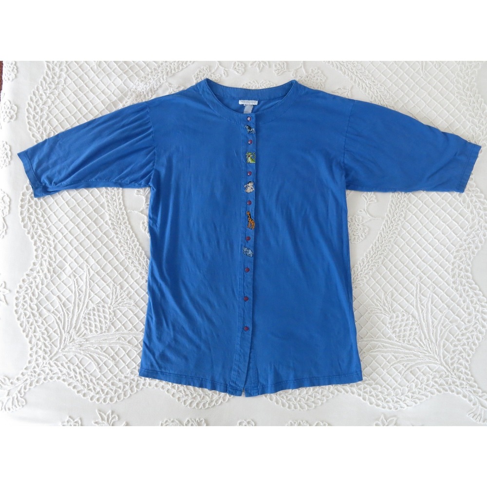 Vintage Maidenform Blue Button Front Nightgown African Animal Embroidered Large - Picture 1 of 7